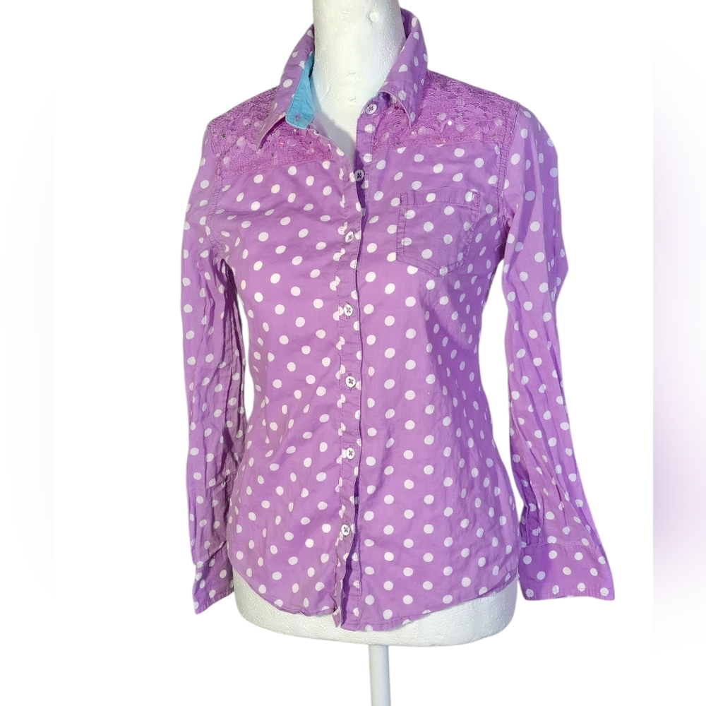 JUSTICE SZ 12 CUTE BUTTON UP WITH LACE AND RHINESTONE DETAIL✅️OFFERS♥️EUC